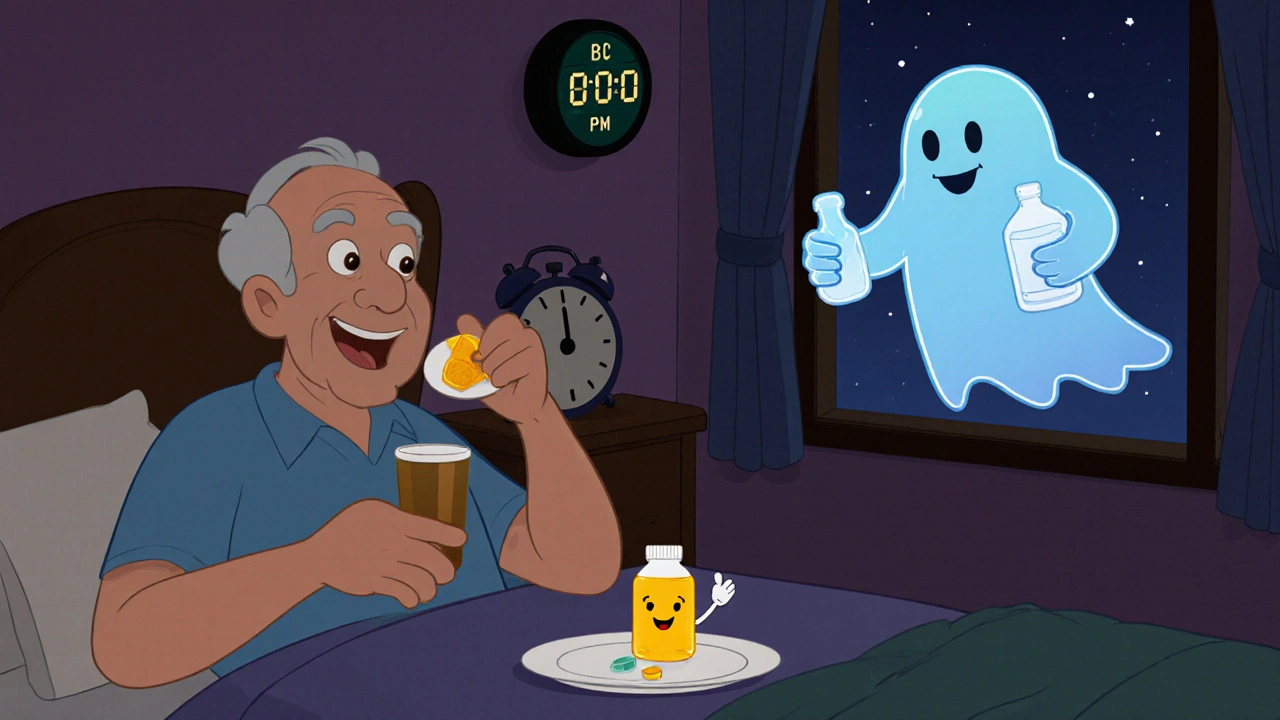 Man taking calcium at dinner with vitamin D, morning reminder ghost smiling from window.