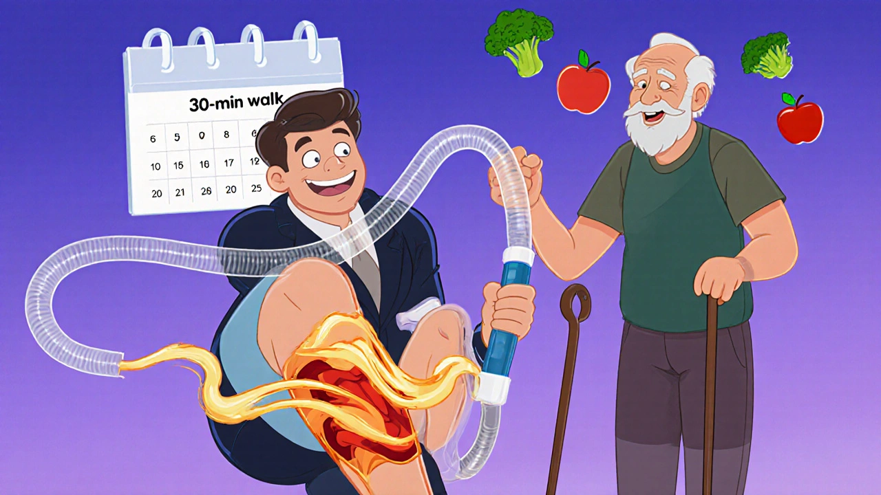 Man using a vacuum device for ED while a grandfather encourages healthy habits in Disney style