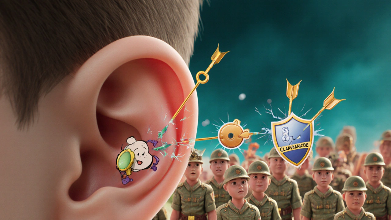 Microscopic scene showing clavulanic acid jamming bacterial enzyme shields so amoxicillin can destroy the infection.