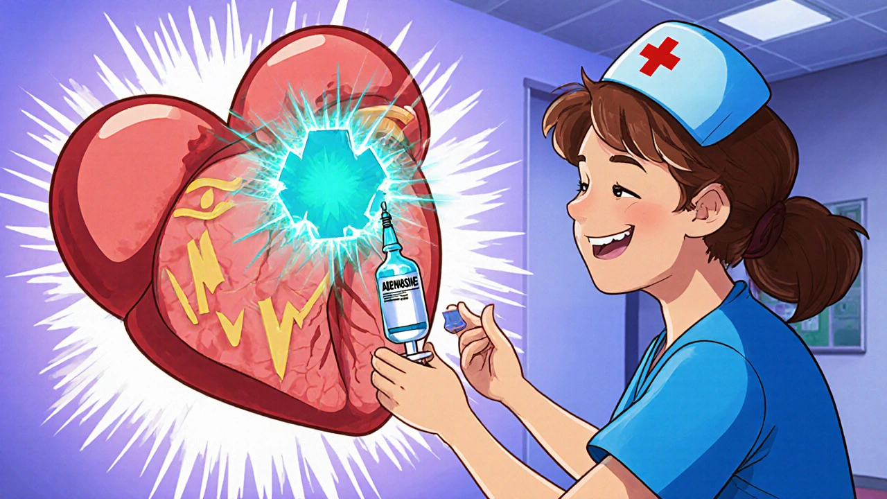 Nurse gives an IV push as a cartoon heart flashes to show adenosine&#039;s quick effect.