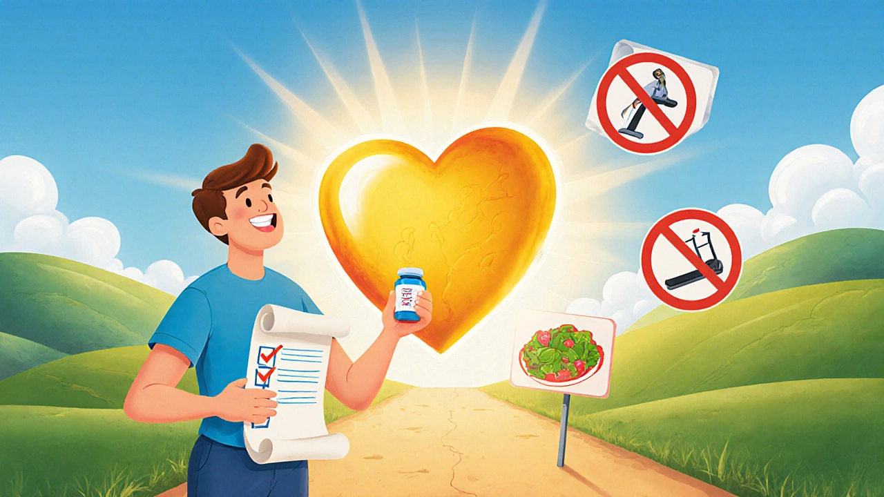 Optimistic figure holding antiviral pills and a health checklist beside a glowing heart.
