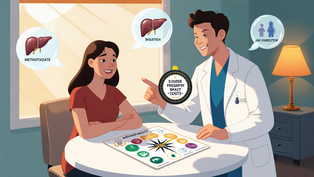Patient and doctor discuss treatment options over a decision chart in a cozy room.