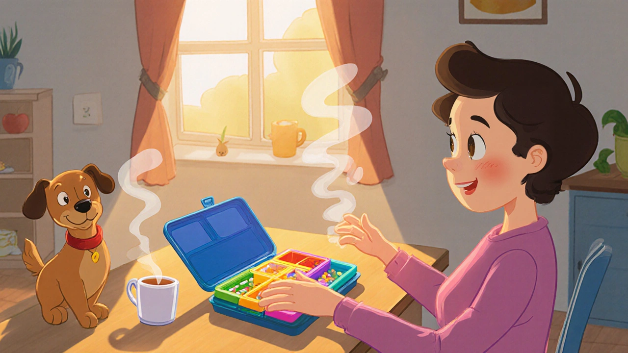 Patient at kitchen table with pill organizer, showing steadier hands.