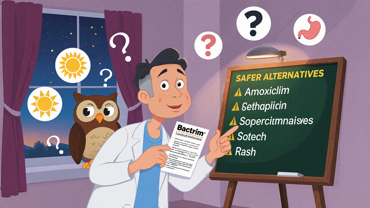 Patient considering Bactrim while wise owl shows safer options on a chalkboard.