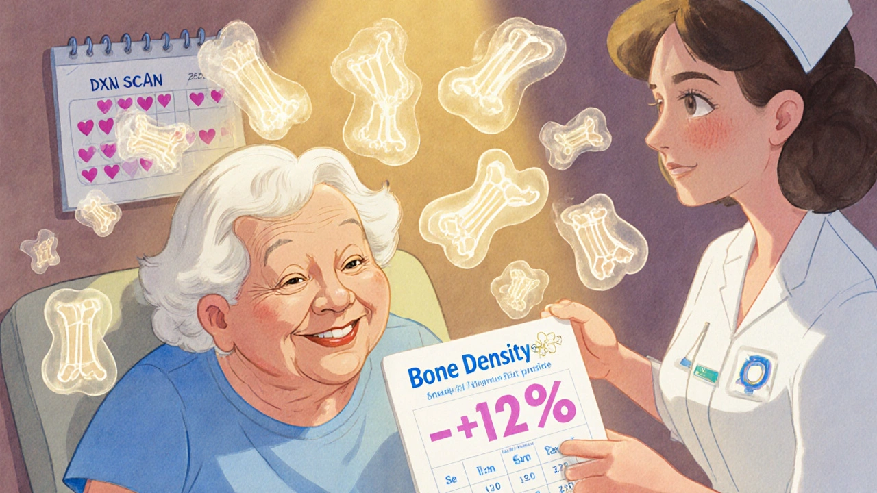 Patient receiving IV bone treatment in clinic, glowing bones reforming around them with cheerful nurse.