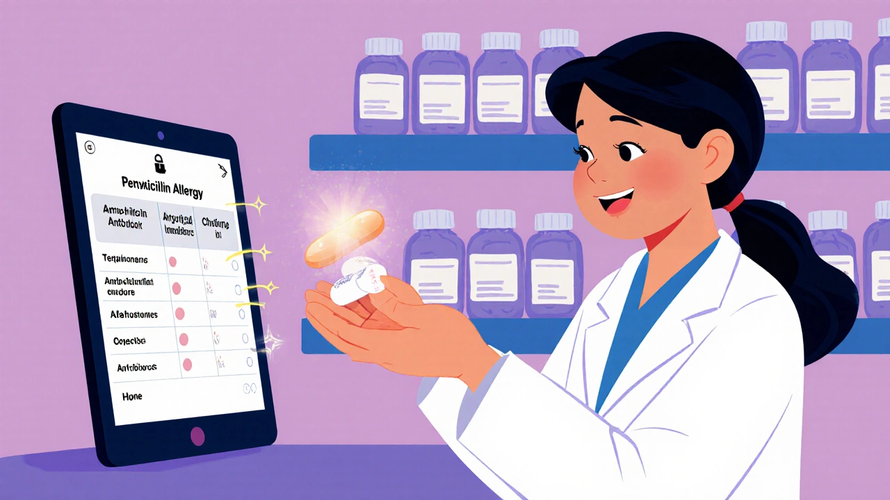 Pharmacist giving a patient an amoxicillin pill as a digital record updates to show allergy removed.