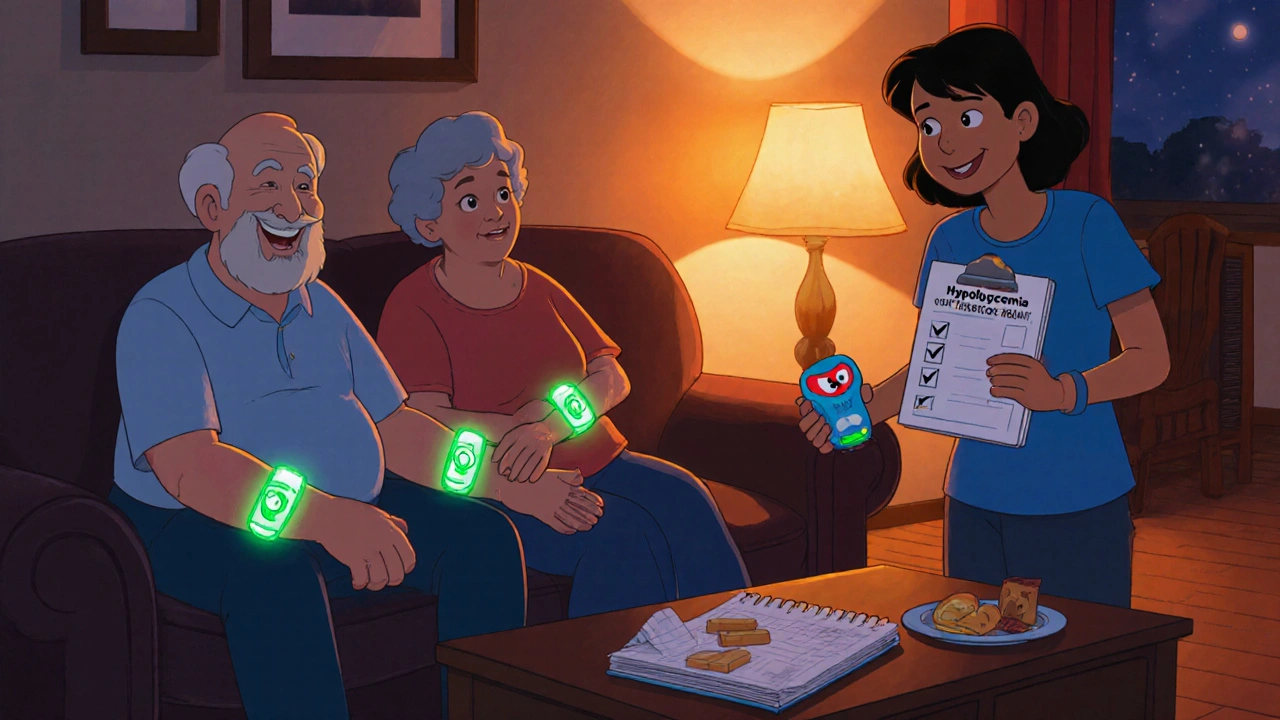 Senior couple with CGM bands, caregiver holding glucagon kit, and notebook on hypoglycemia plan in a cozy living room.