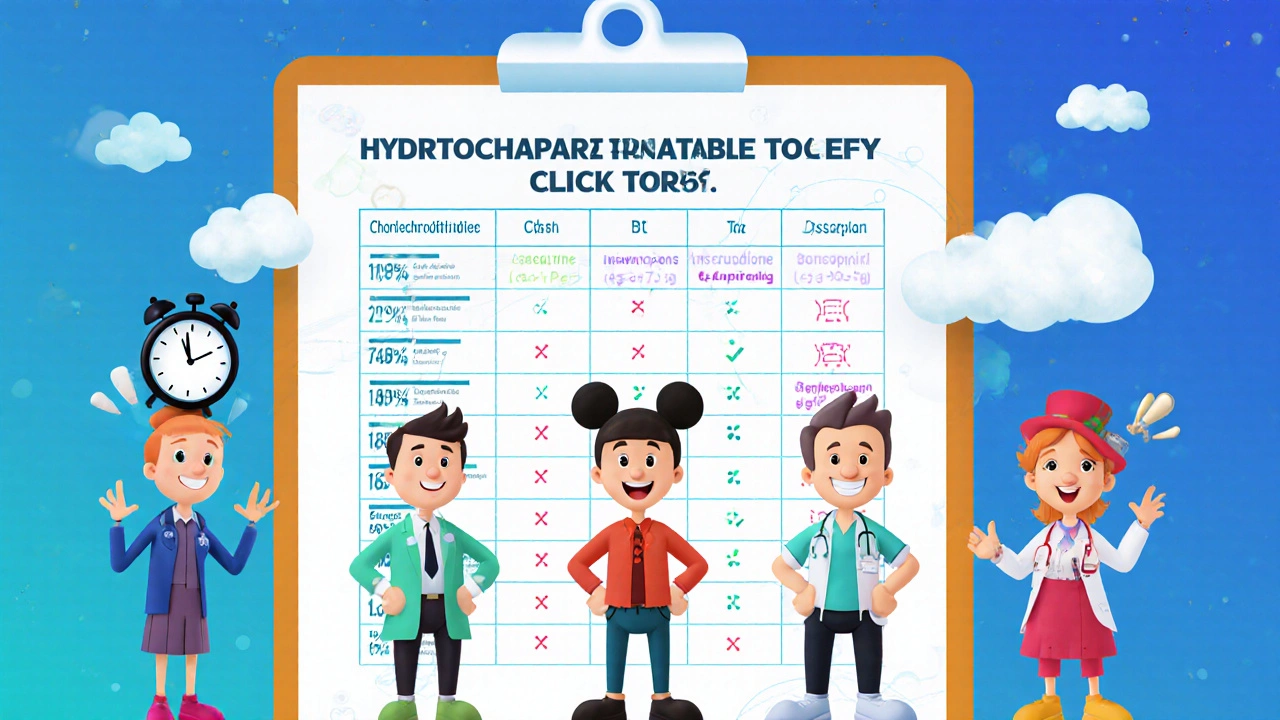 Six cartoon medication characters with unique traits standing on a medical clipboard, displaying health metrics in a playful comparison.