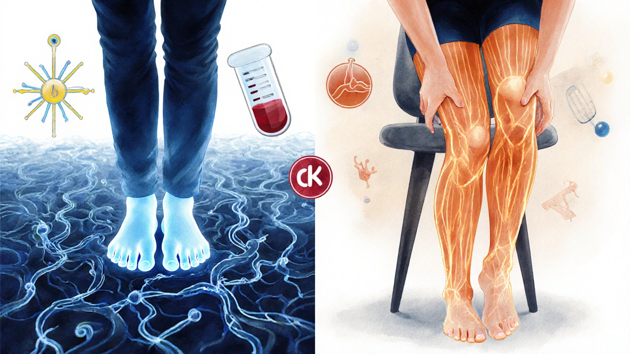 Split illustration of tingling feet and aching thighs, showing the difference between neuropathy and myopathy.