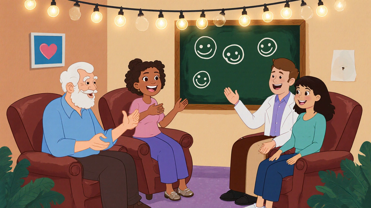 Support group members sit together in a cozy room sharing supportive gestures.