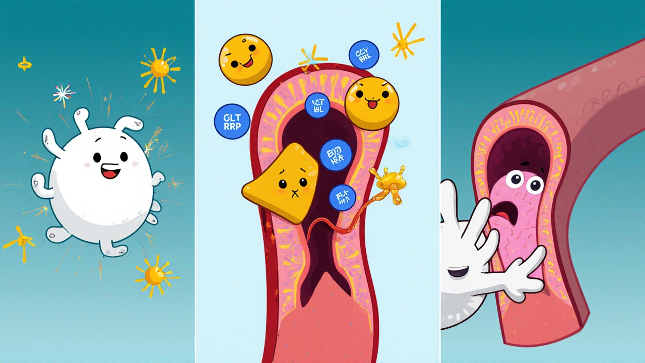 Three cartoon panels show inflammation, cholesterol imbalance, and virus affecting an artery.
