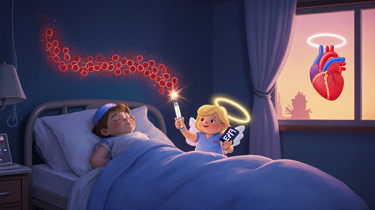 Tiny nurse-angels give post-op heparin and protamine to a sleeping patient, with healthy blood cells forming a protective glow.