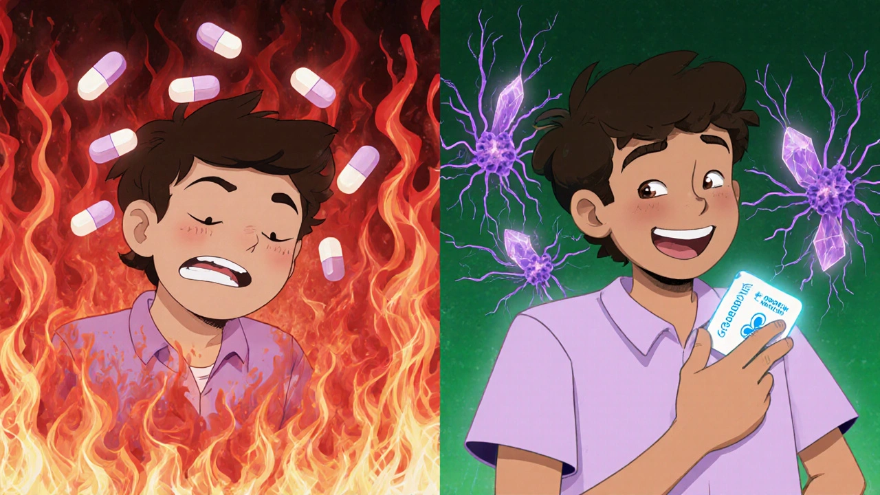 Two paths showing ibuprofen failing versus nerve treatments working, illustrated in soft Disney style.