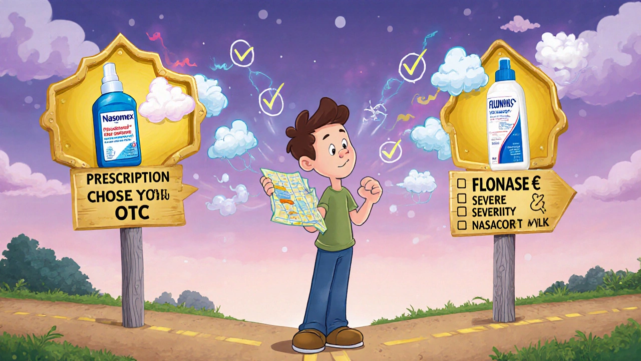 Young adult at a forked path choosing between prescription and OTC nasal sprays.