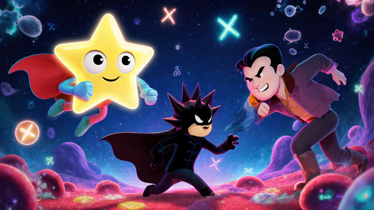 A cartoon battle in the bloodstream: a star-shaped antibody captures a dark blood thinner, while decoy factors distract others.