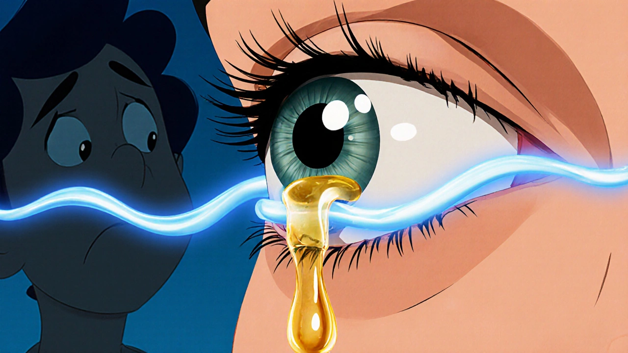 A close-up of an eye with a golden droplet flowing through drainage channels, reducing pressure with glowing waves.