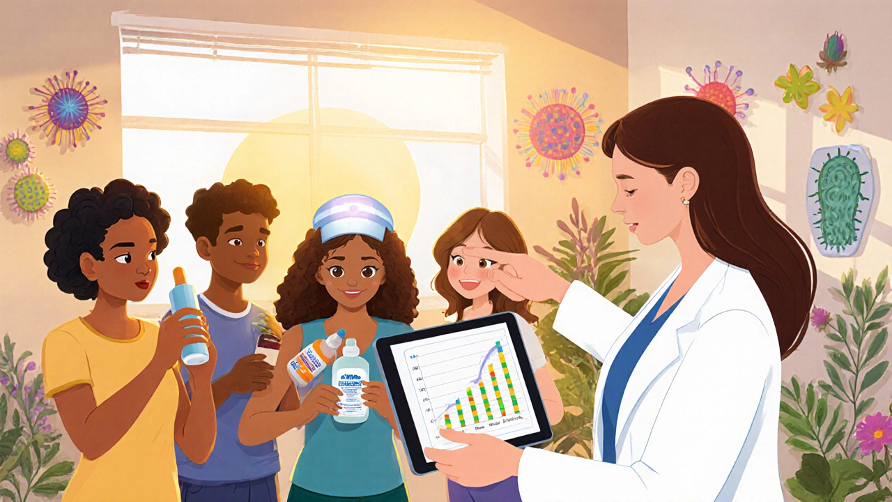 A diverse group of patients in a hopeful clinic setting, each using different hair loss treatments under the guidance of a caring doctor.