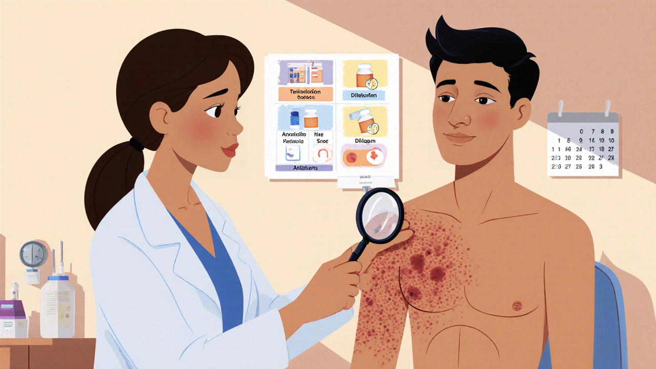 A doctor examines a patient&#039;s pustular rash under a magnifying glass in a clinic, with medication icons visible.