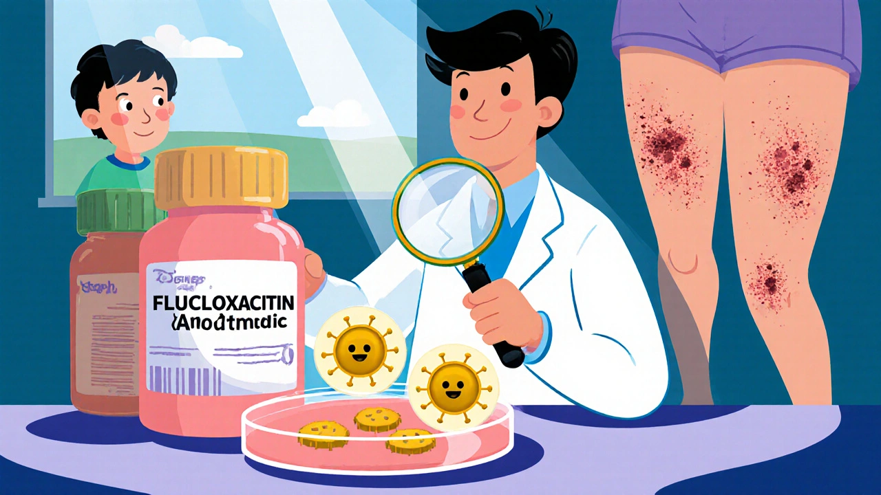 A doctor examining bacteria under a magnifying glass with two glowing antibiotic bottles nearby, in Disney illustration style.