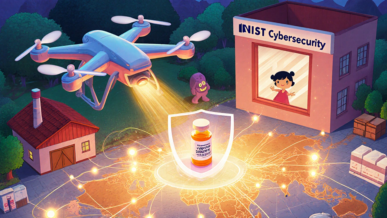 A drone delivers medicine to a child as a glowing digital map shows real-time supply connections protected by cybersecurity.