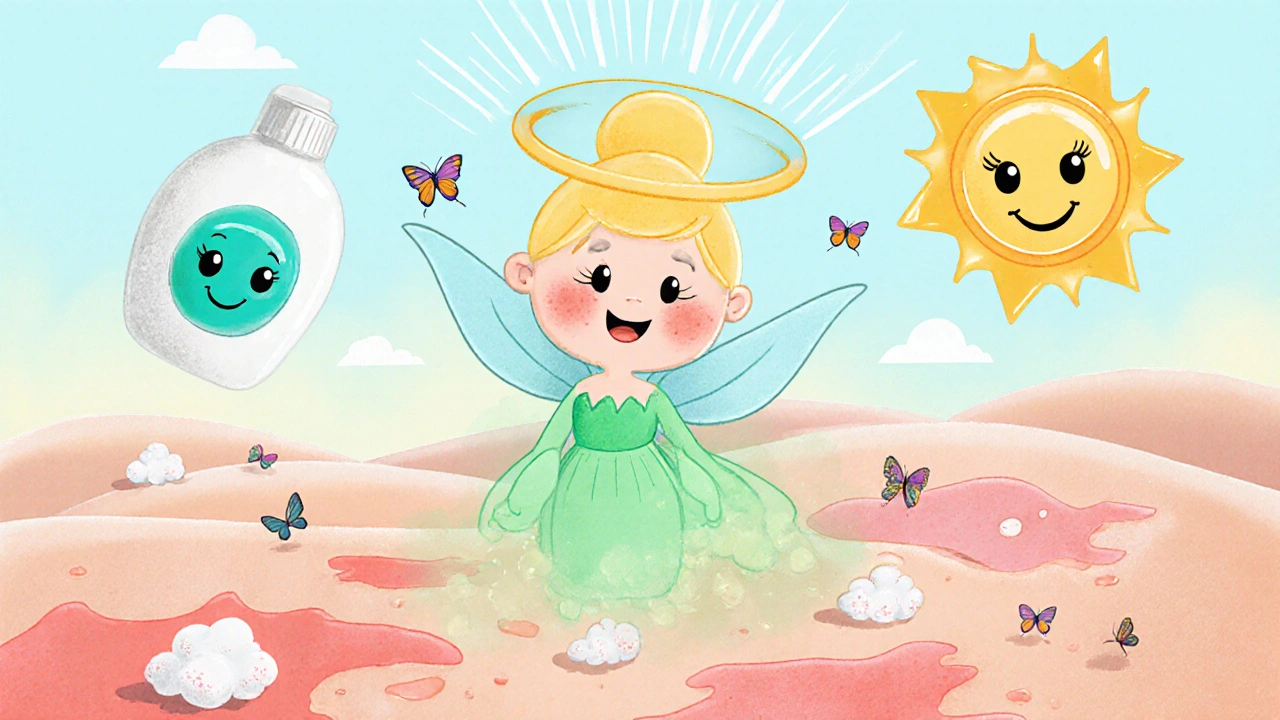 A friendly adapalene sprite soothing red, sensitive skin with calming mist and butterflies.