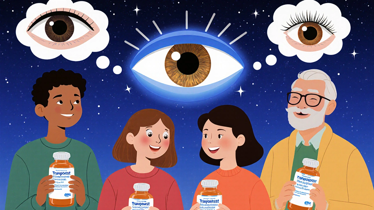 A group of people with glowing eye thought bubbles showing side effects like darker lashes and iris changes, all smiling peacefully.