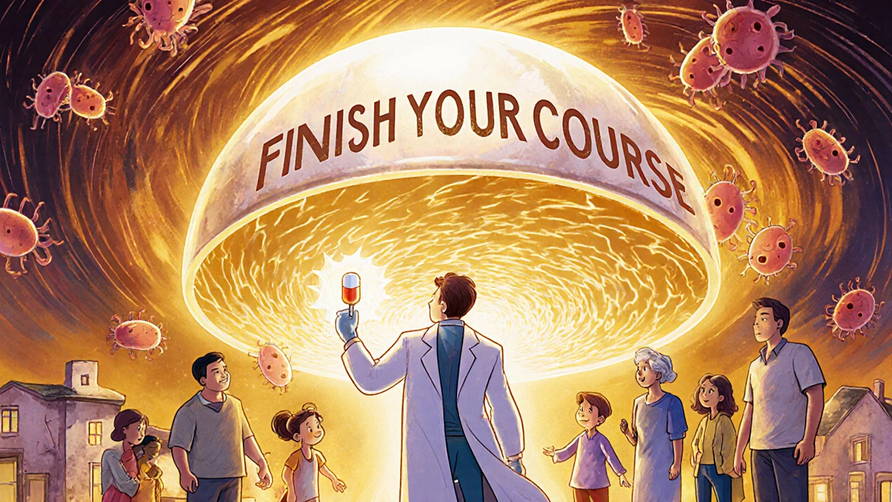 A hero with an antibiotic pill defeating superbugs, protecting a community under a glowing dome, in whimsical Disney illustration style.