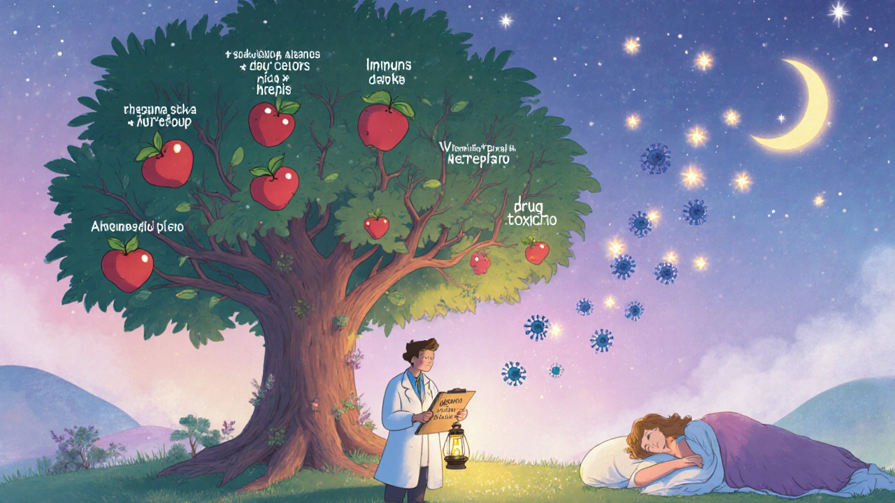 A magical timeline tree showing long-term risks of gene therapy, with tiny viruses flying around.