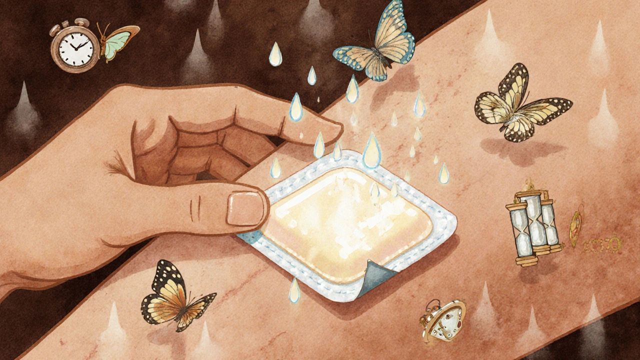 A nicotine patch releasing gentle glowing droplets through skin over time, with floating hourglasses showing steady delivery.