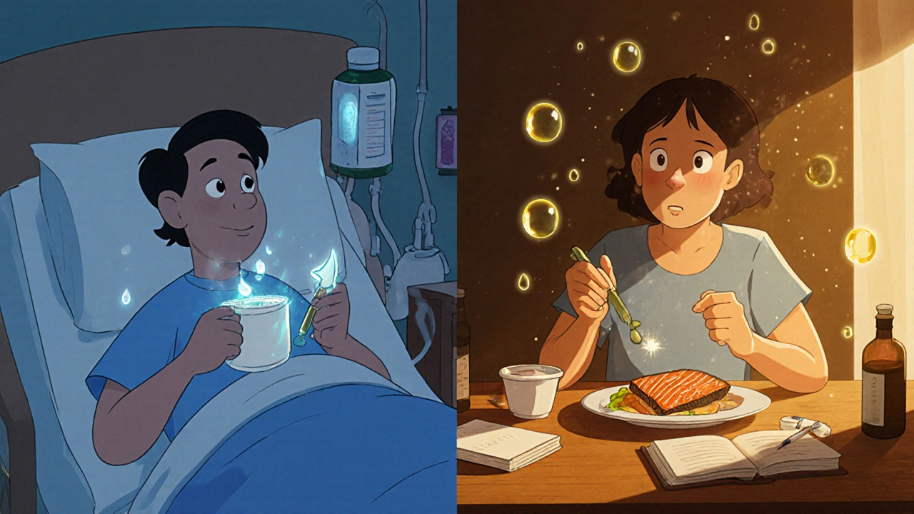 A patient eating small meals with MCT oil and vitamins, glowing droplets around them, in Disney cartoon style.