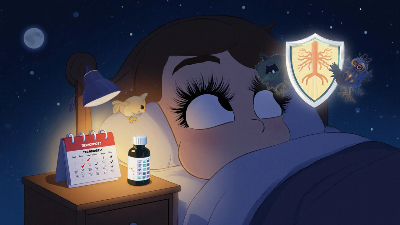 A person’s eyelashes grown long under moonlight, with a bottle of eye drops and a calendar showing daily use in Disney style.