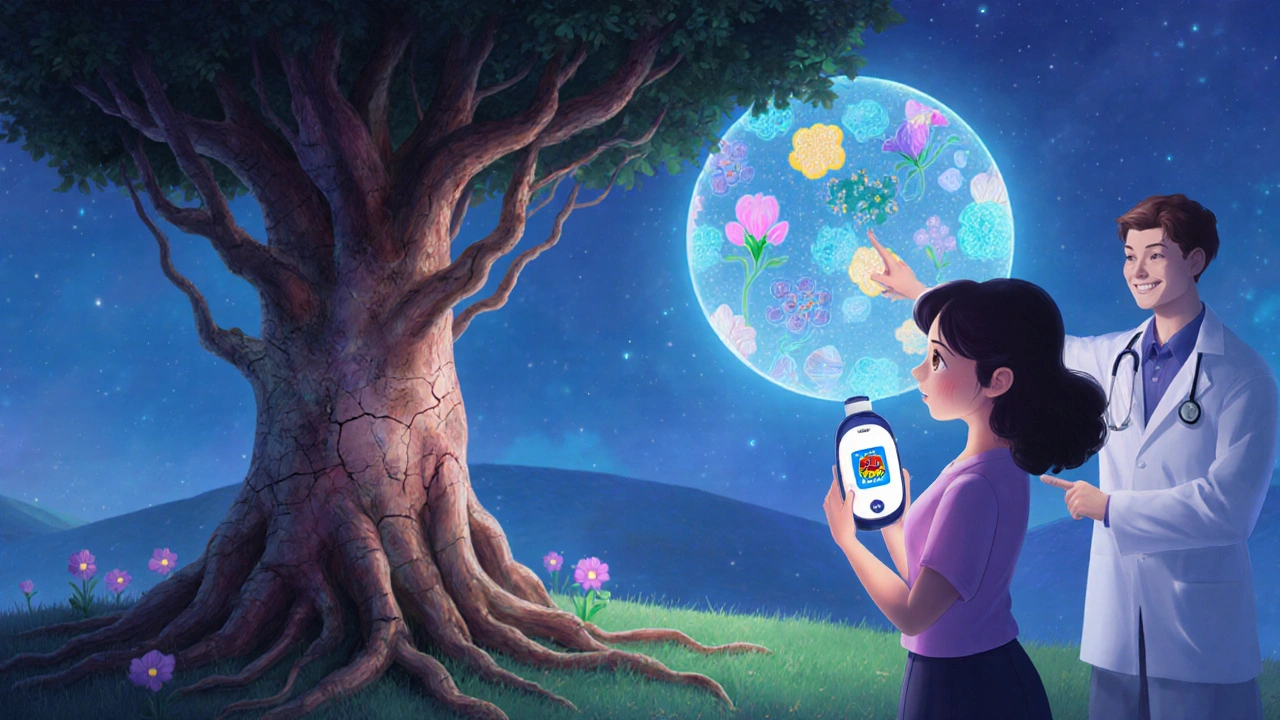 A person with glucose monitor and enzymes, standing beside a healing pancreatic tree, in magical Disney illustration style.