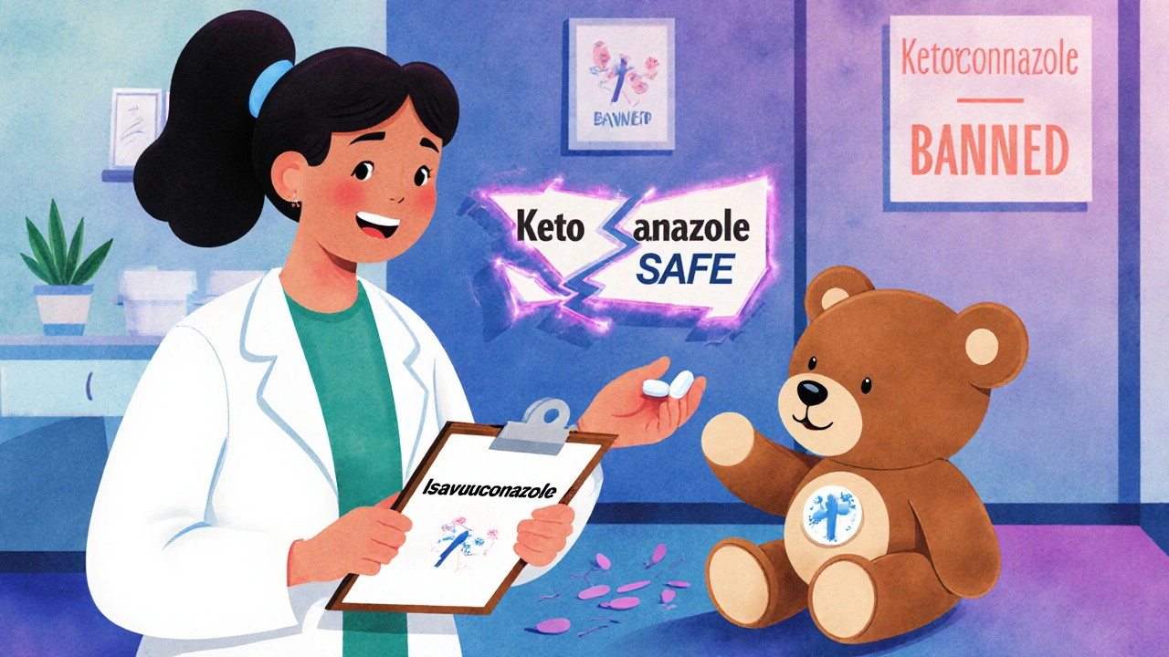 A pharmacist hands a safer antifungal pill to a child patient, while a banned drug sign lies broken on the floor.