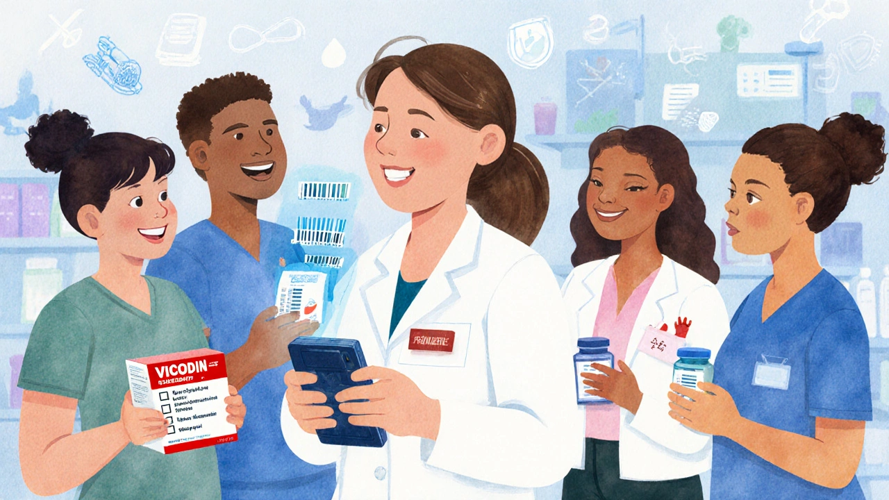 A pharmacist helping patients scan medicine barcodes with a safety checklist displayed in the air.