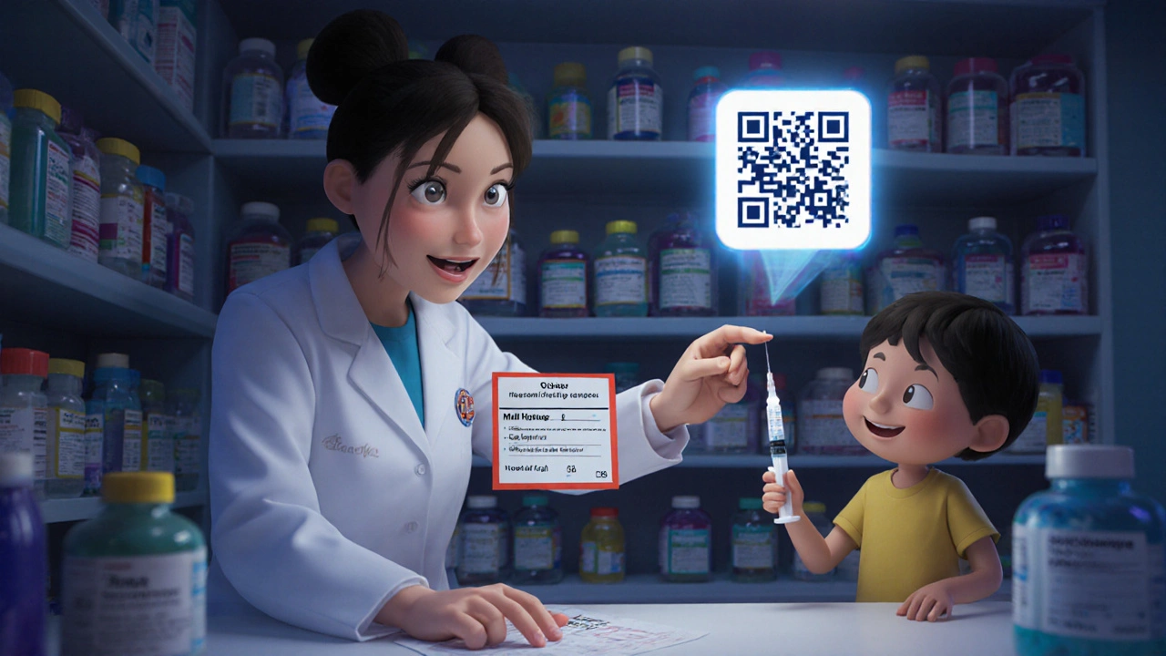 A pharmacist shows a child how to use a dosing syringe instead of a teaspoon, with a QR code projecting a helpful video.