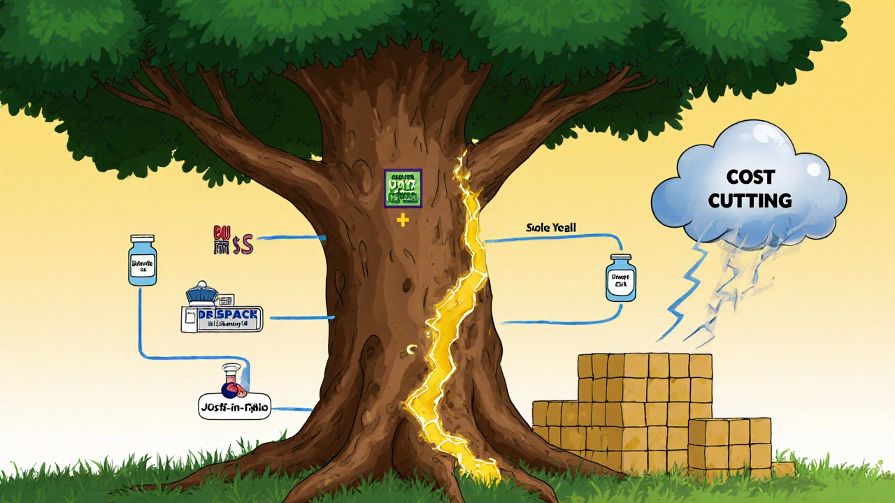 A resilient drug supply chain depicted as a glowing tree with global roots and life-saving vials on its branches.