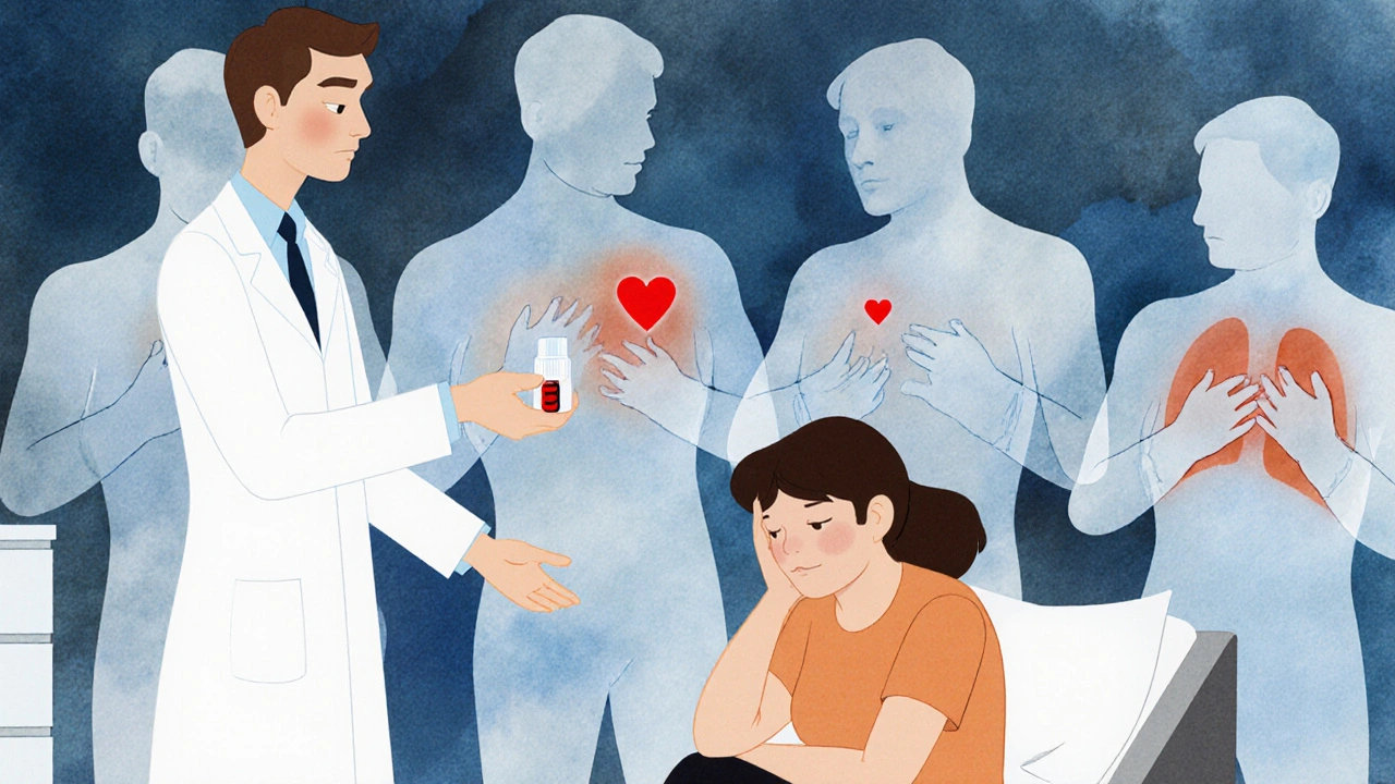 A woman in an ER is given antacid while male heart attack stereotypes loom behind her.