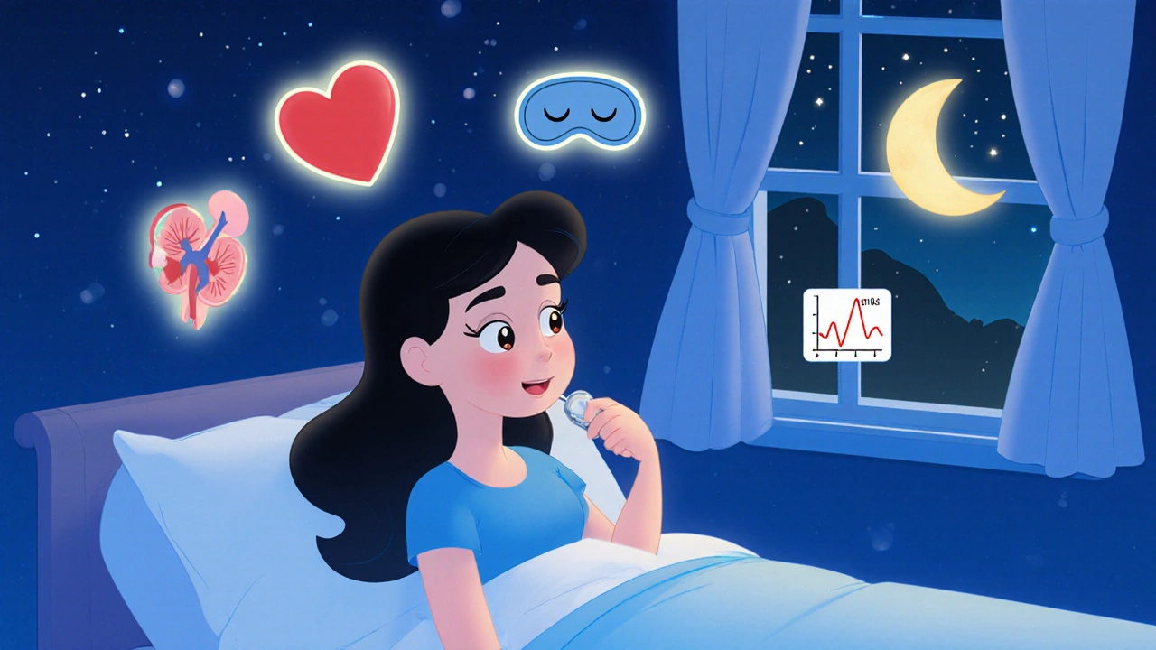 A woman taking her blood pressure pill at night under moonlight, with gentle health icons glowing above her bed.