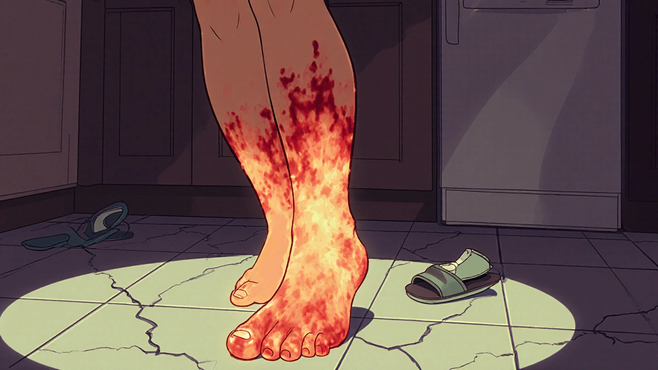 A woman with a swollen, red, inflamed leg standing in her kitchen, looking concerned, in Disney cartoon style.