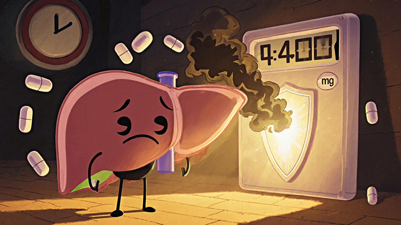 A worried cartoon liver under attack by toxins, with pills and a rising dosage counter nearby.