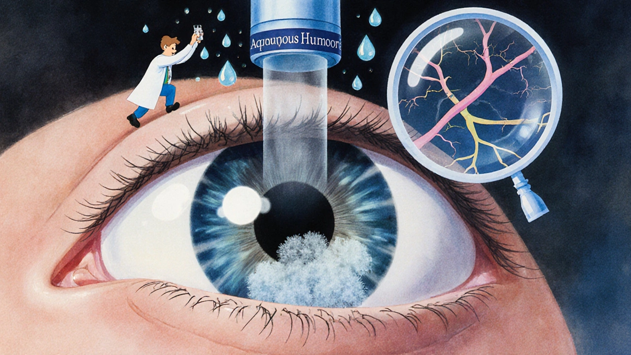 An eye with a clogged drainage pipe and cloudy lens under steroid droplets in soft Disney animation.