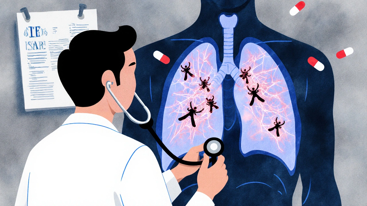 Doctor using a stethoscope while inside the chest, scar tissue blocks oxygen flow in a glowing CT scan visualization.