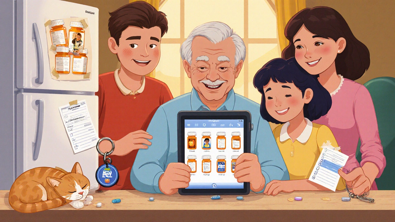 Family helping elderly person update digital medication app together
