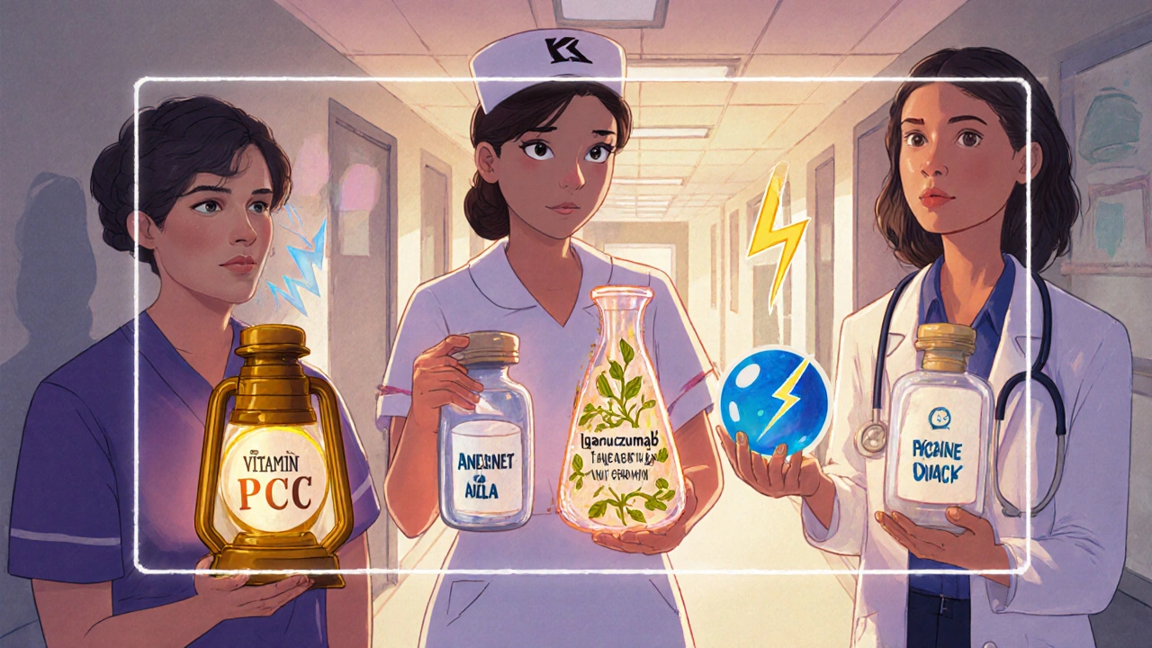 Four reversal agent vials held by a nurse, with comic-style time-lapse visuals showing how each works to stop bleeding.