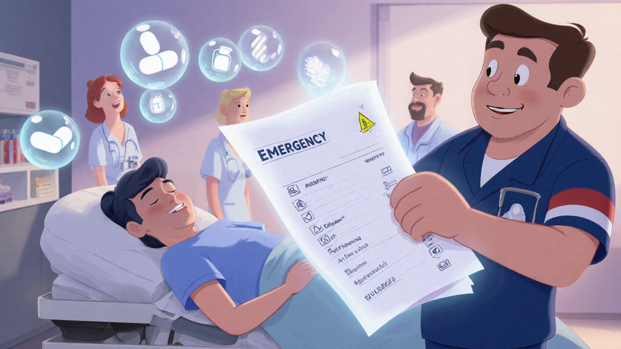 Paramedic holding medication list beside unconscious patient in ER