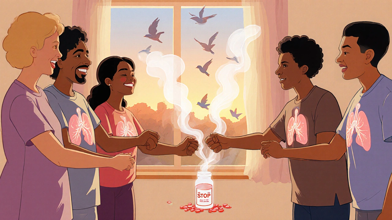 Patients in rehab smiling together, glowing scars on chests, shattered pill bottle and birds flying outside in warm light.