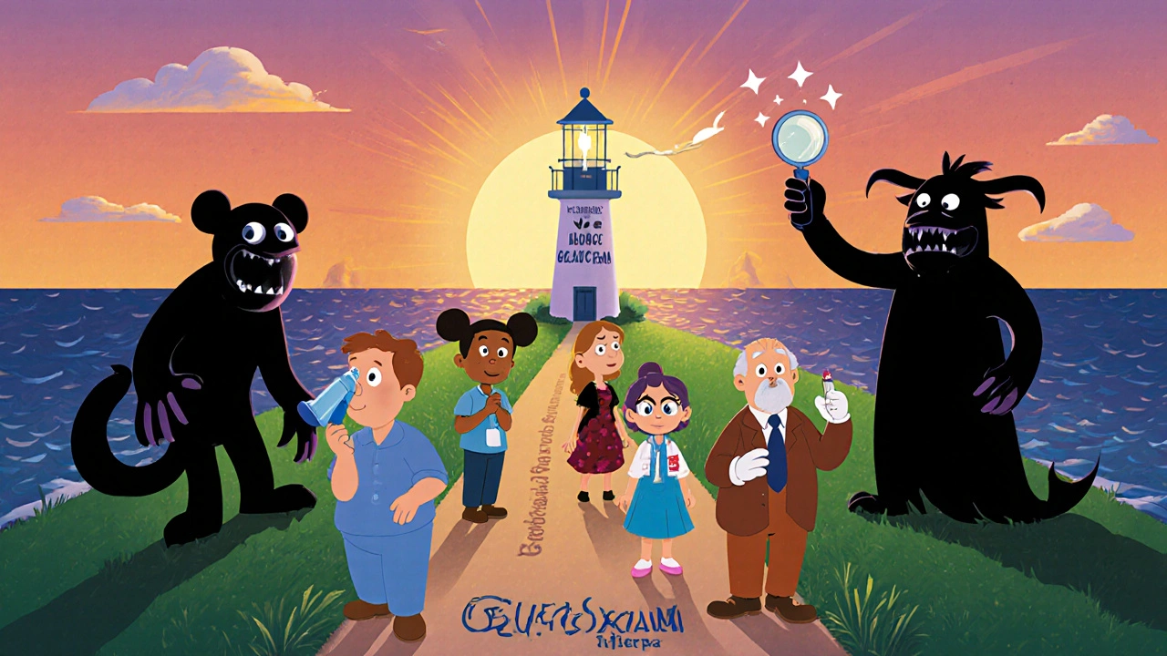 Patients walking toward a lighthouse eye exam beacon while shadowy eye damage creeps behind them.