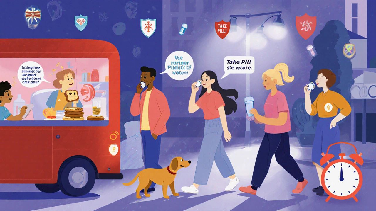 People in everyday UK settings taking antibiotics correctly with food, water, and alarms, illustrated in soft Disney cartoon style.