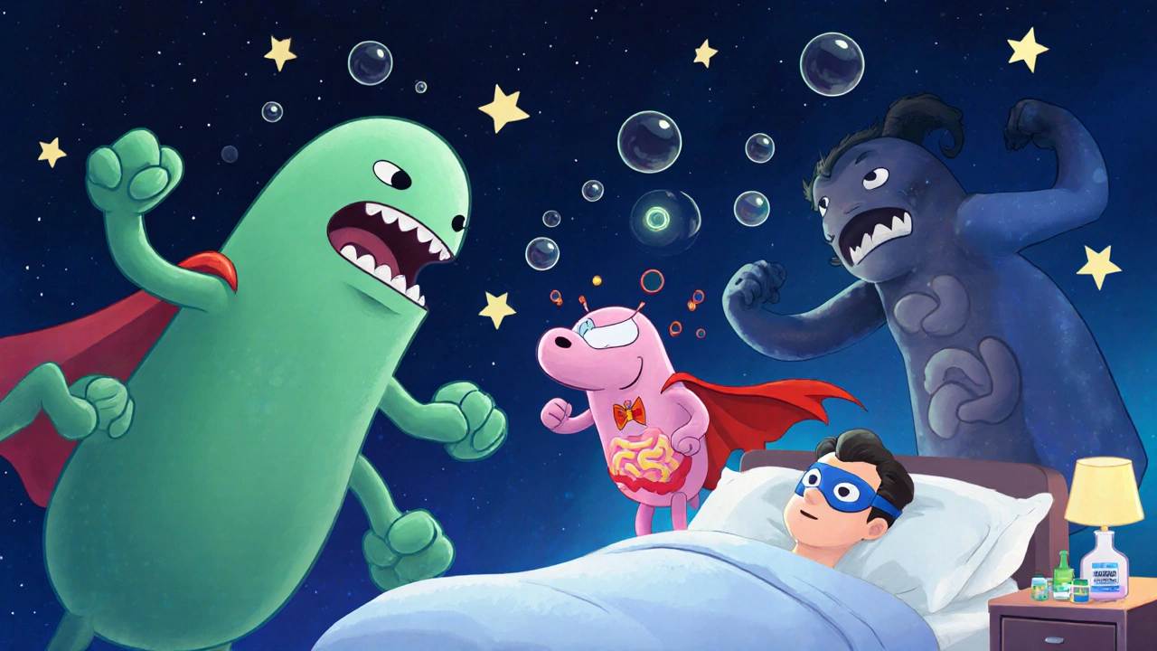 Probiotic superheroes fighting gas monsters, patient sleeping peacefully, magical medical theme.