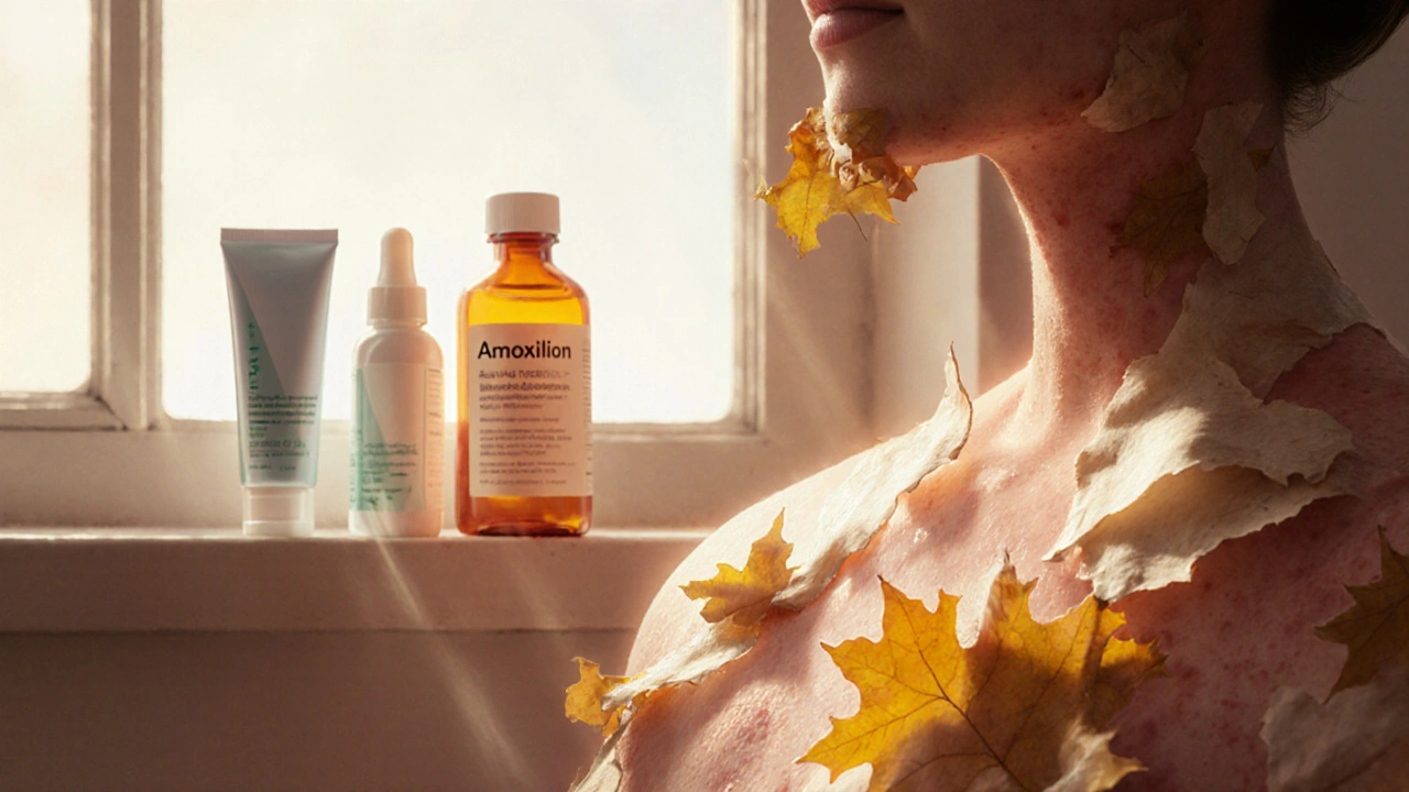 Skin peels gently like leaves as light glows around, symbolizing healing after a drug-induced rash.